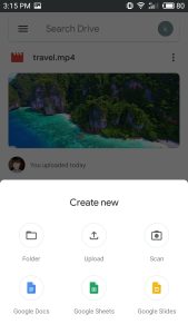 Tap Upload in Google Drive on Android.