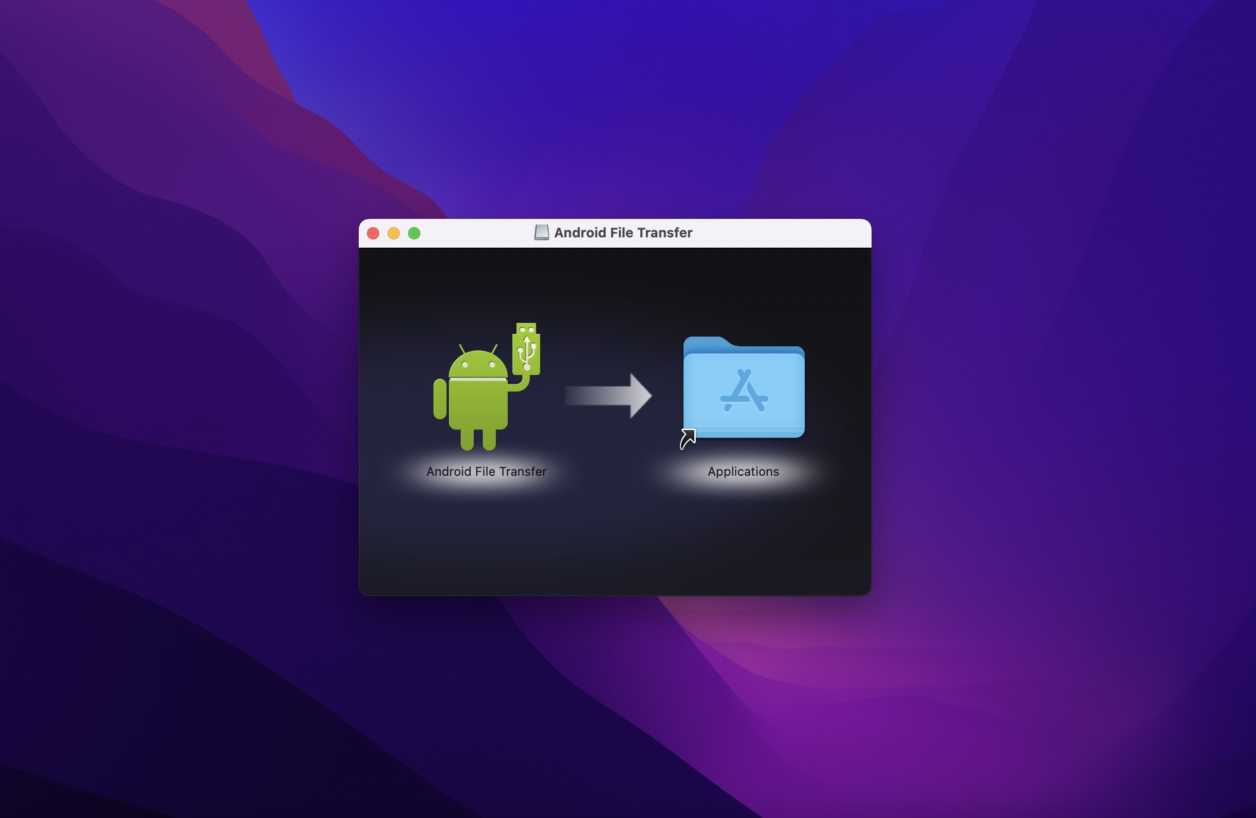 Drag Android File Transfer to Applications folder on Mac.