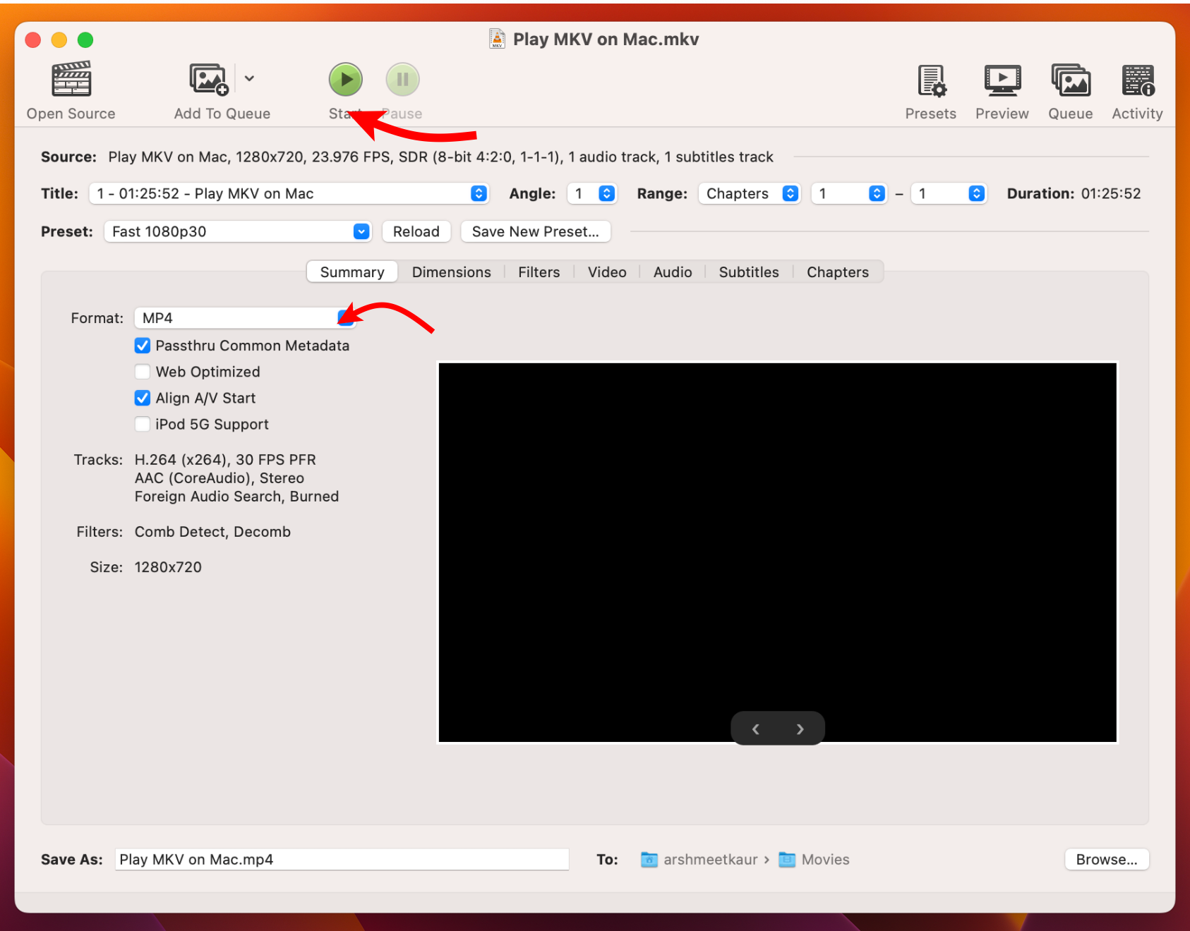 Click Start button to convert MKV via handBrake.