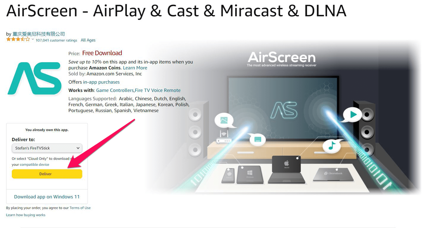 Download AirScreen from the Amazon app store page