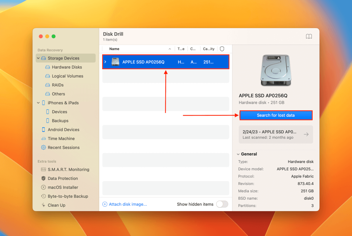 Storage drive selection window in Disk Drill