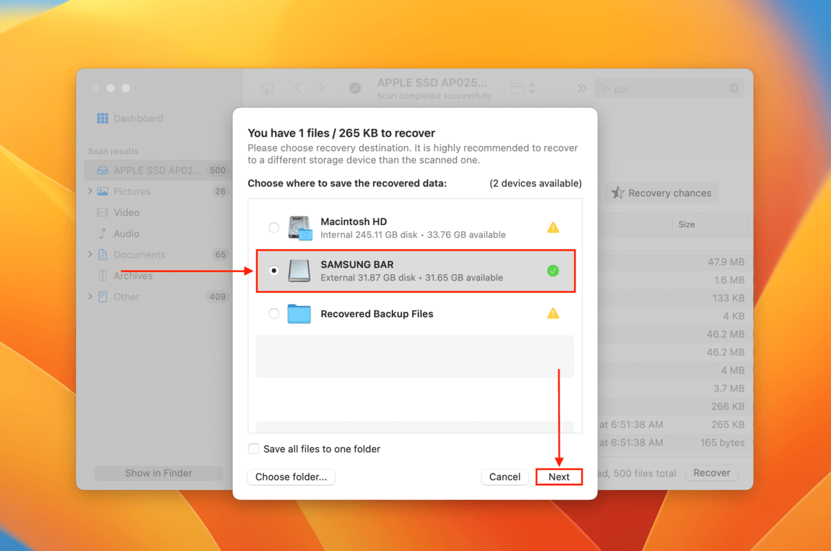 destination selection dialog