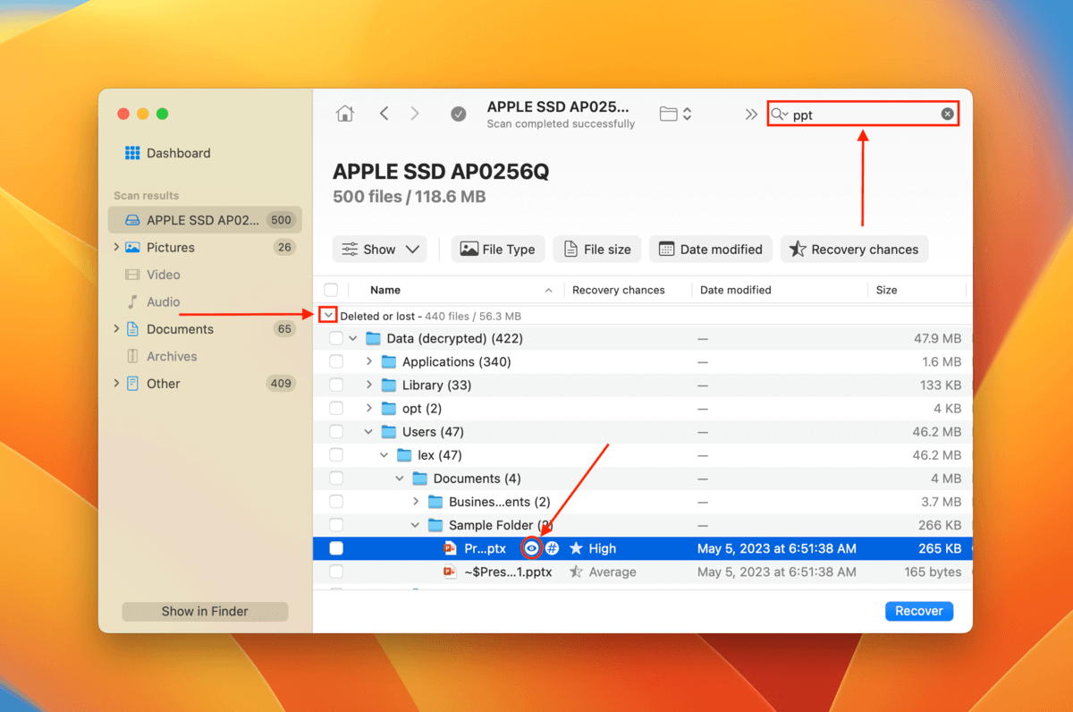 File selection window in disk drill