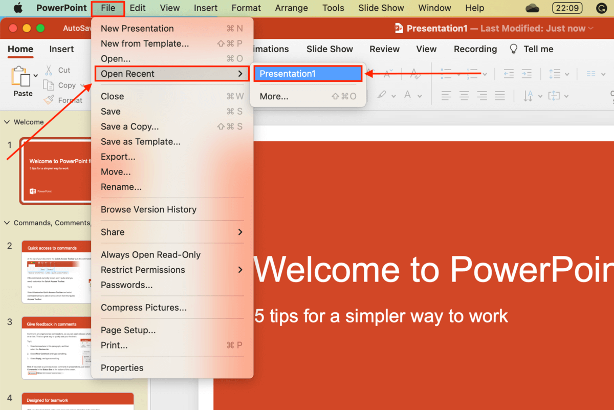 File selection menu in Powerpoint