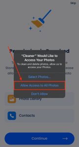 Allow access to all photos option in Cleaner App Photos Access