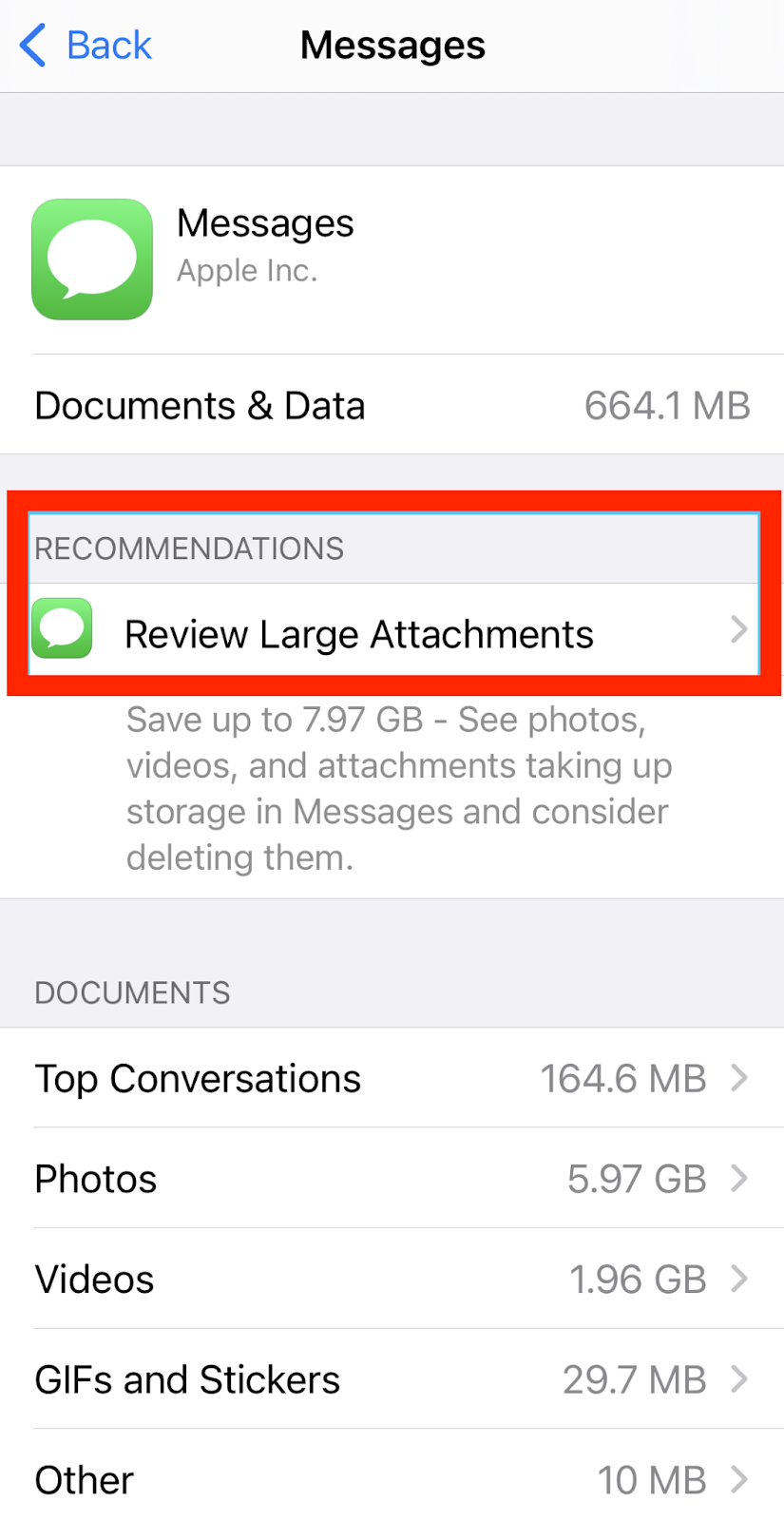 messages review large attachments