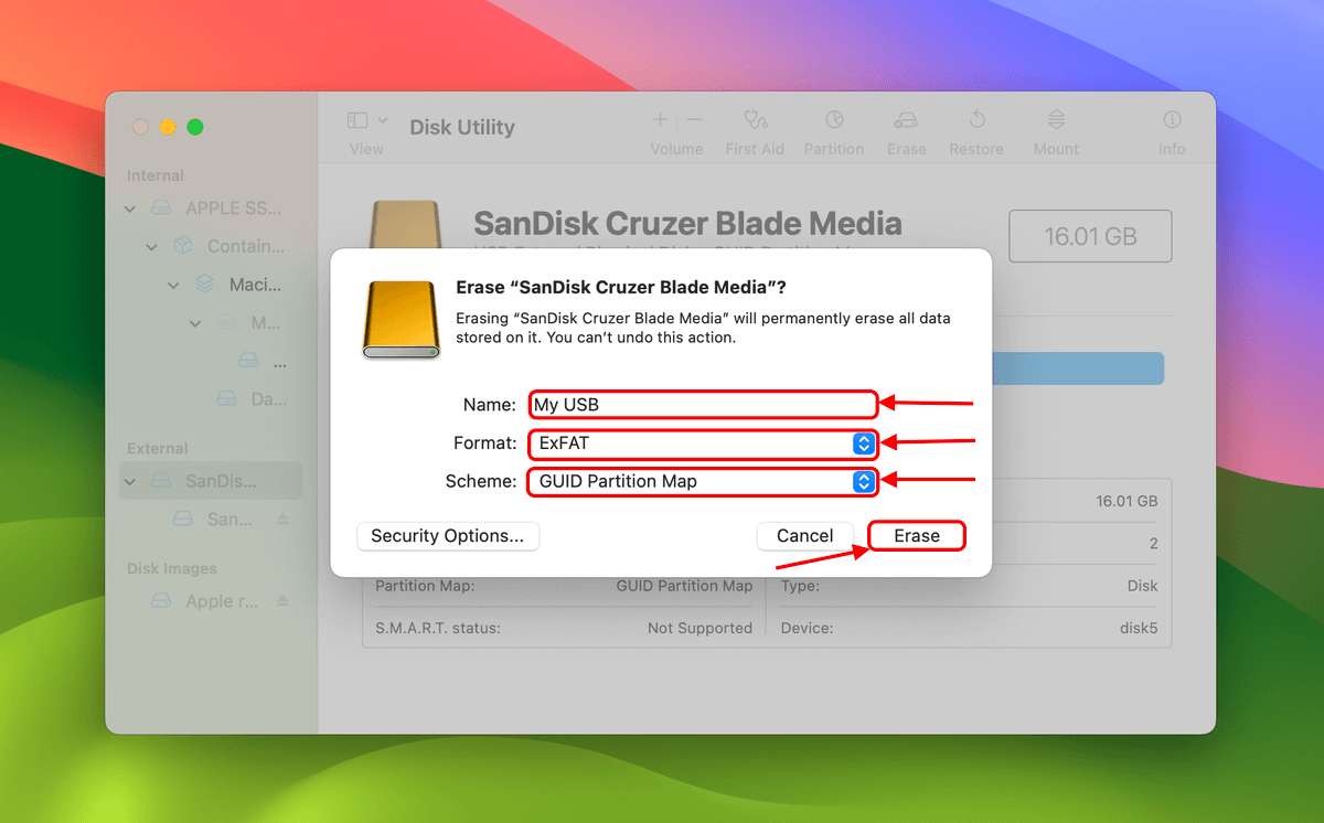 Erase settings menu in Disk Utility