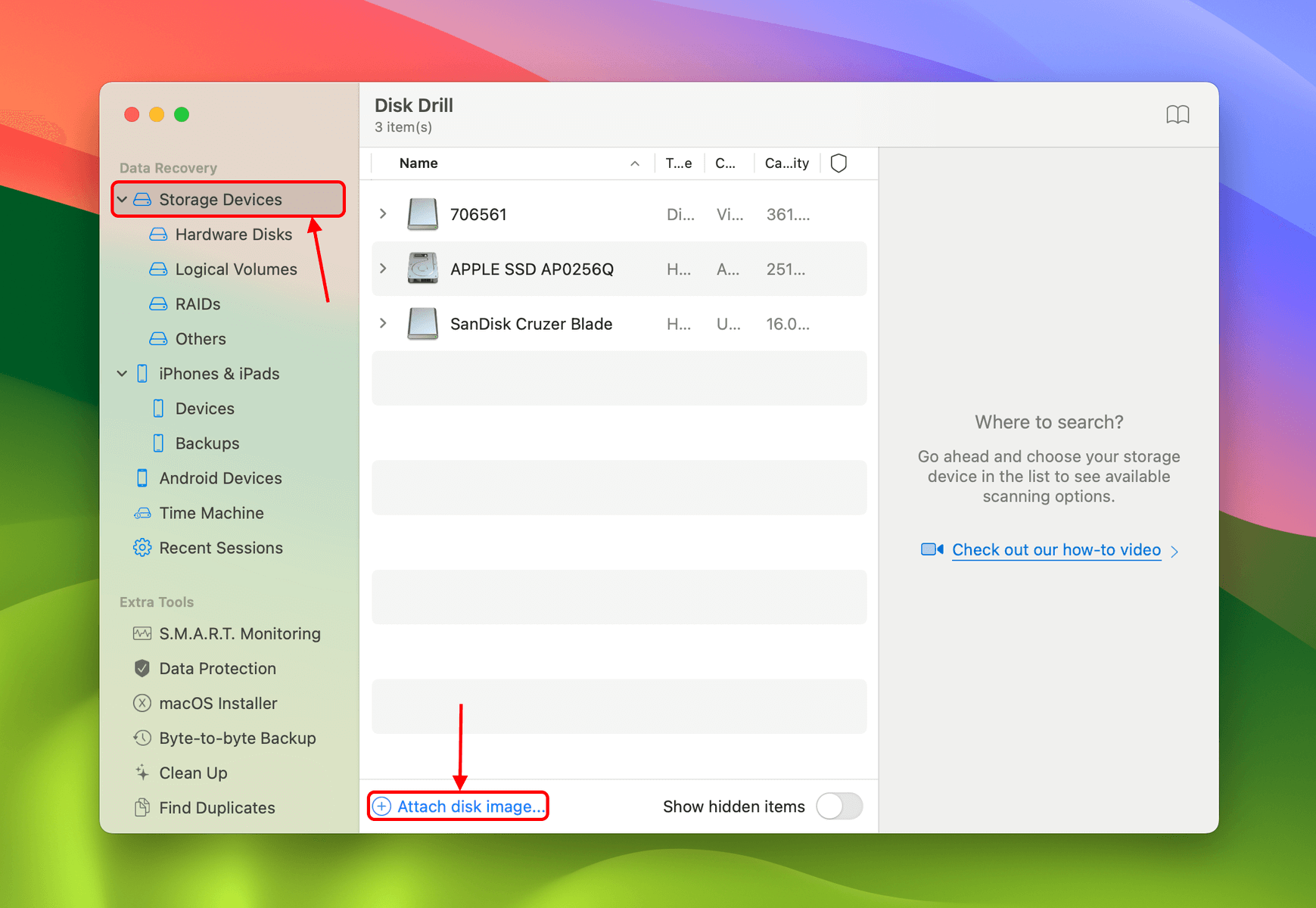 Storage devices in data recovery menu then click attach disk image