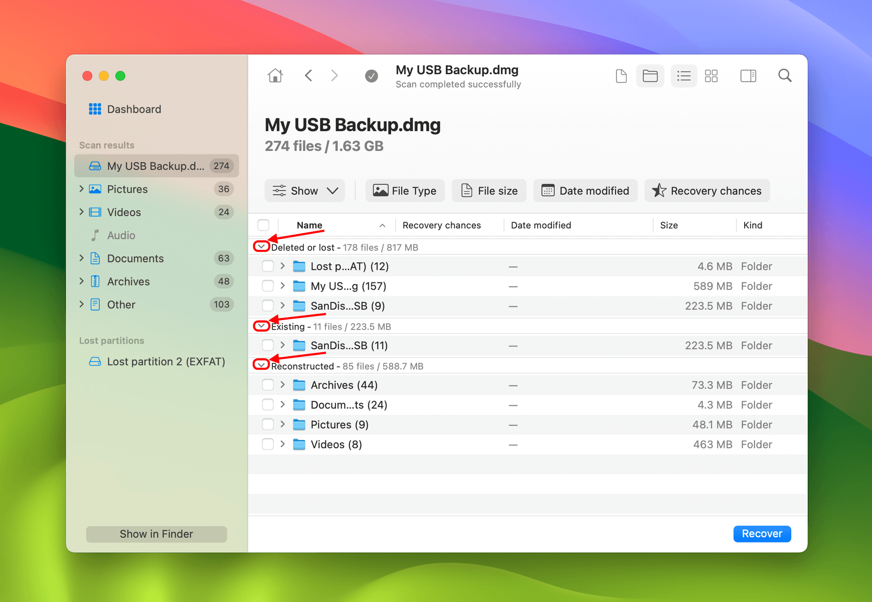 In my usb back up menu, select deleted/ lost, existing, and reconstructed