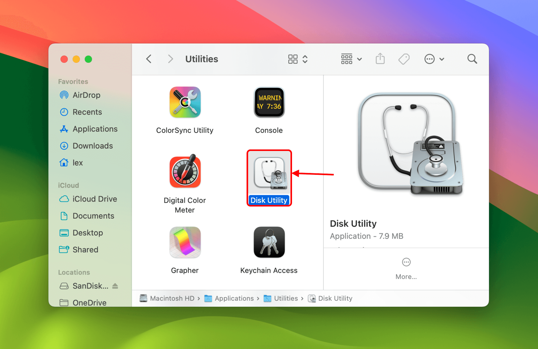 Select disk utility in Applications finder Utilities