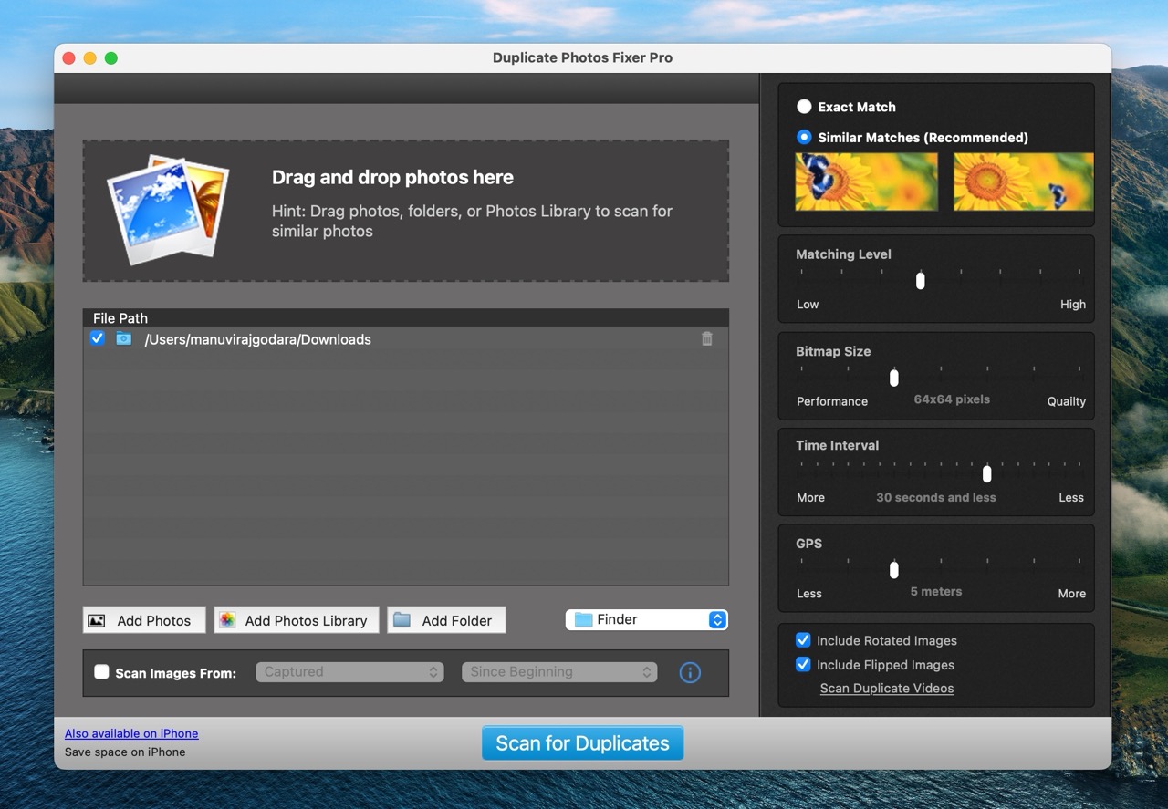 The Duplicate Photos Fixer Pro application interface on a Mac showing the home screen with a drag-and-drop area for photos and customizable settings for searching duplicates, including sliders for matching level and bitmap size.
