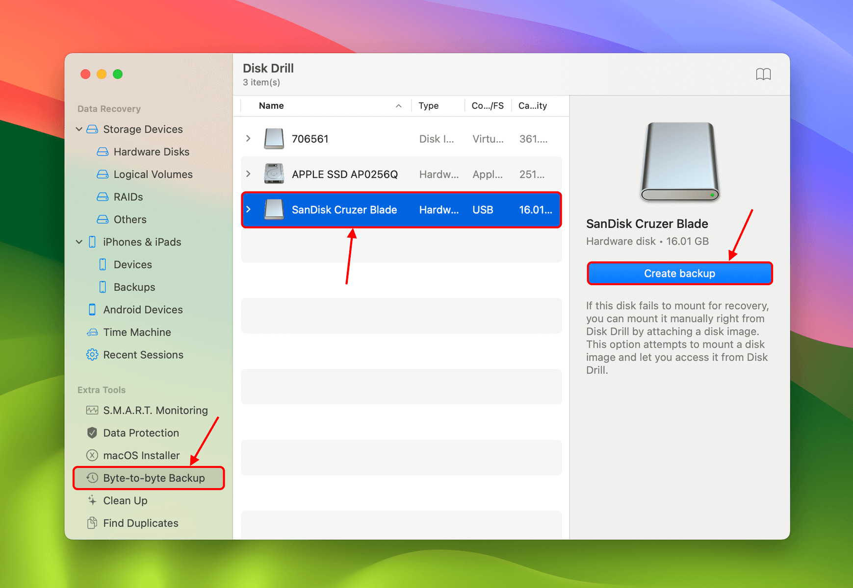 select byte-to-byte from the recovery menu, select sandisk cruzer blade then click create backup