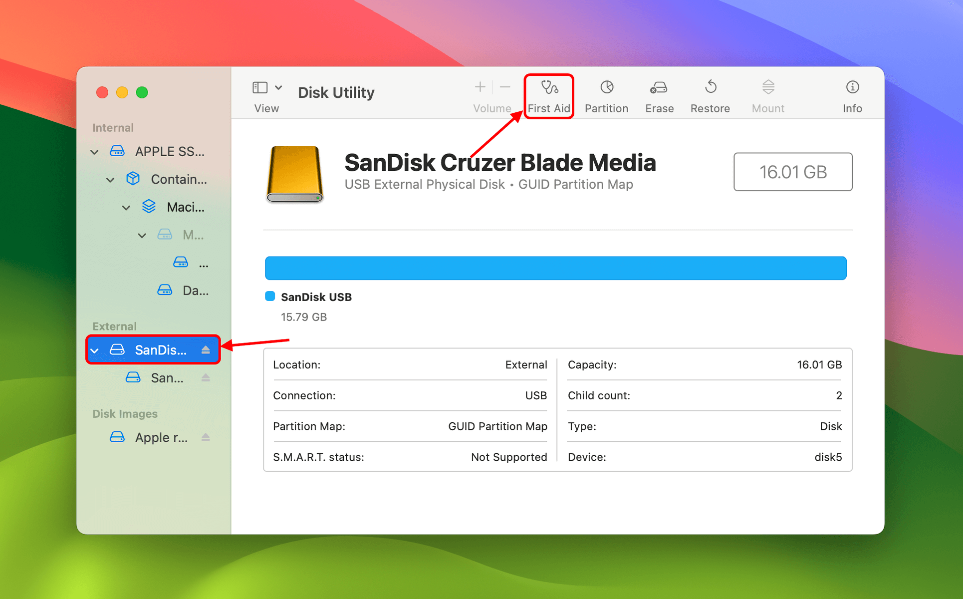 Select sandisk on the left menu then click first aid