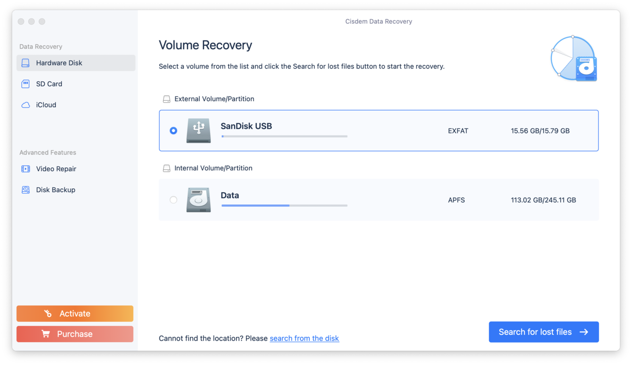 Cisdem Data Recovery's source selection menu