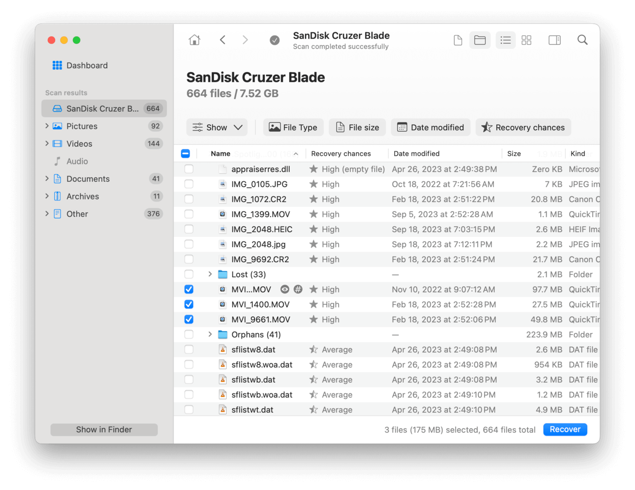 List of found files in the Disk Drill app