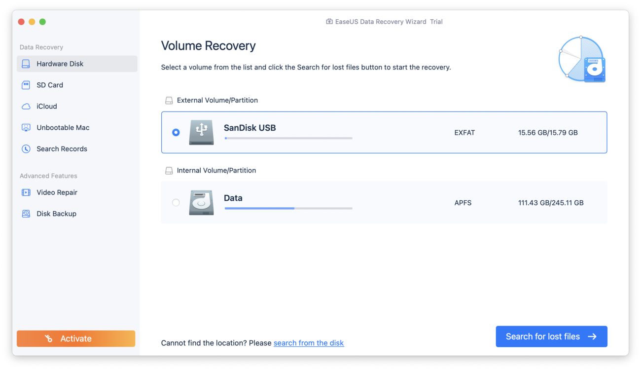 EaseUS Data Recovery Wizard's source selection menu