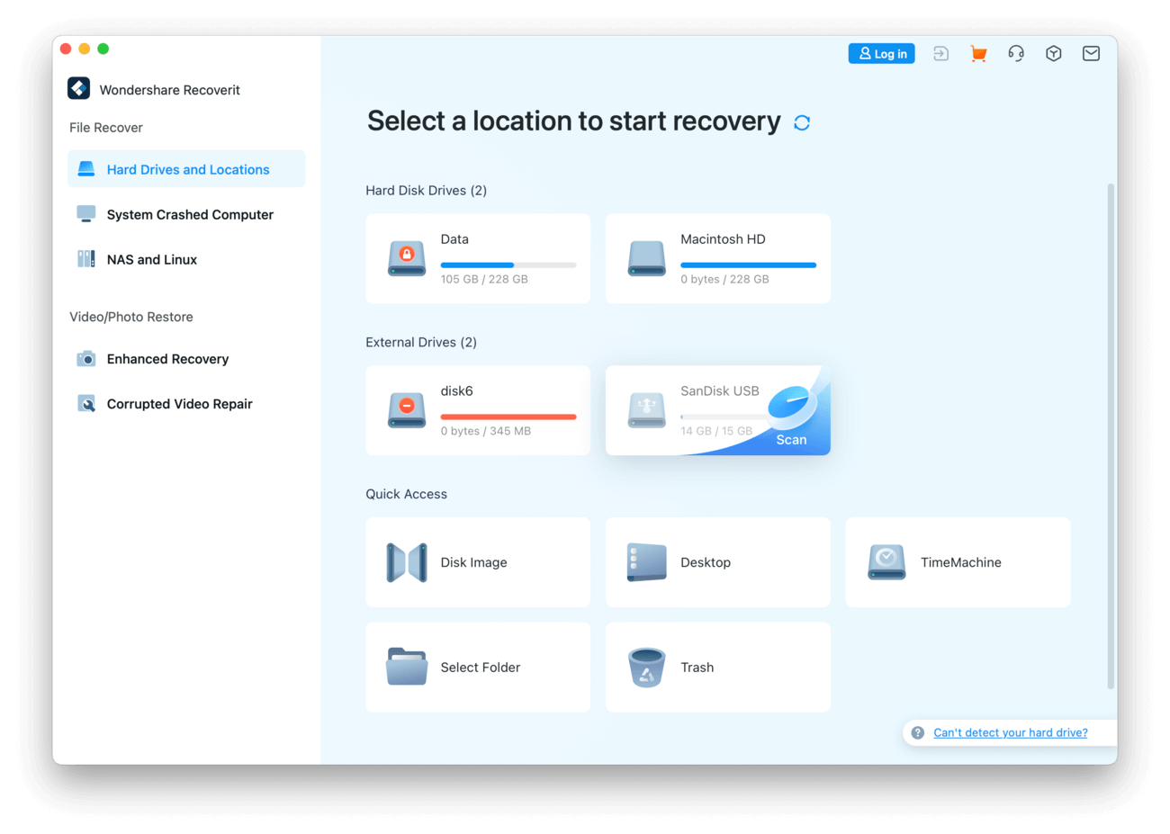 Wondershare Recoverit's source selection menu