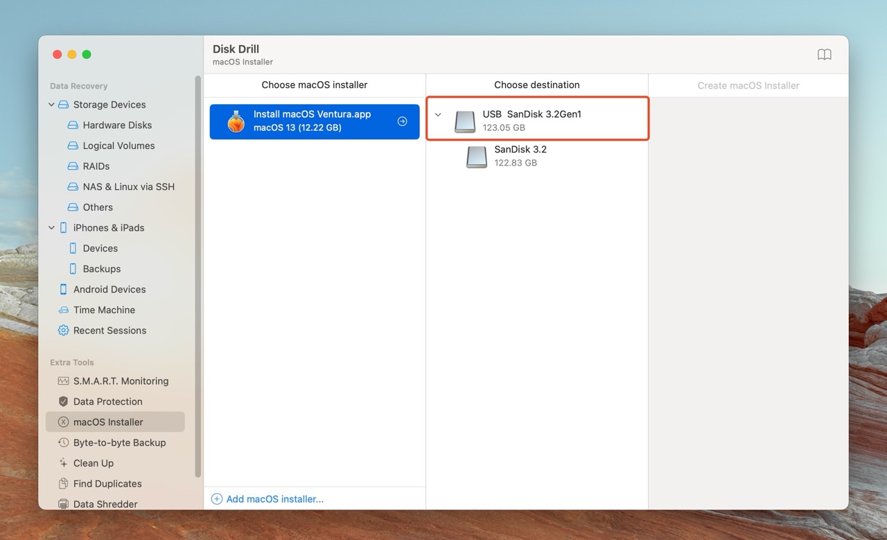 Disk Drill window with "Install macOS Ventura.app" selected and the destination USB drive highlighted in red, ready to create the installer.