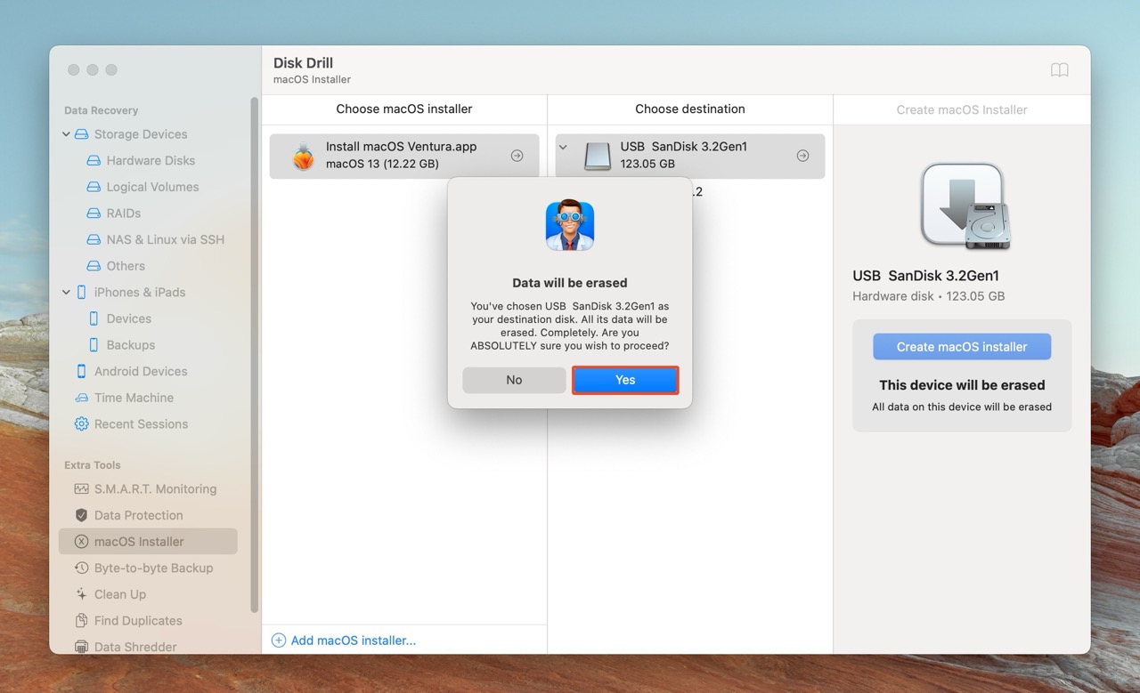 Confirmation dialog in Disk Drill warning that data on the USB drive will be erased when creating the macOS installer.