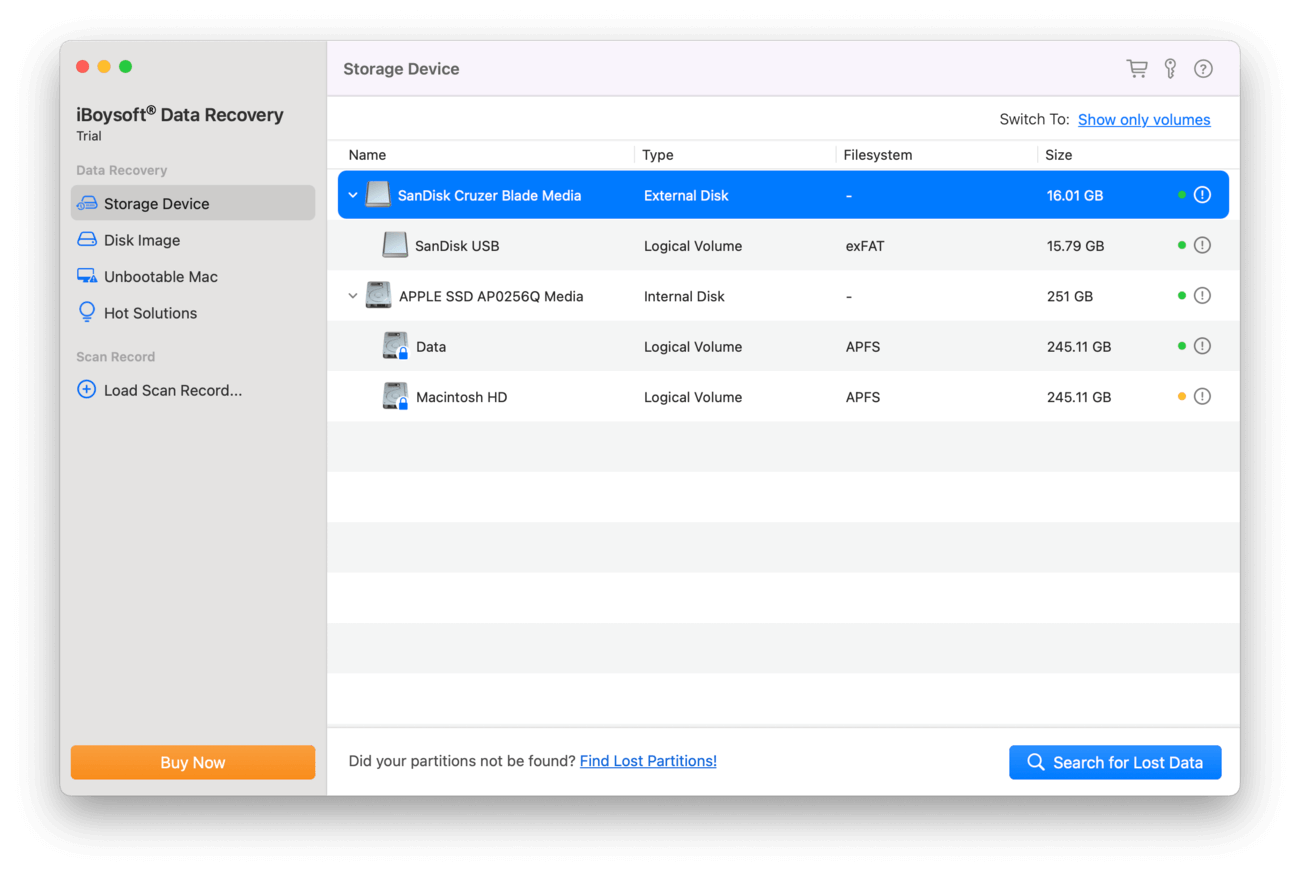 iBoysoft Data Recovery's source selection menu