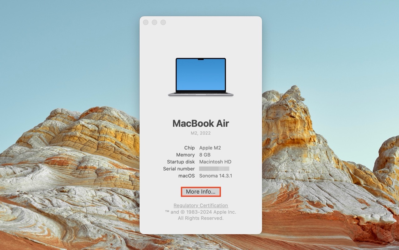 The "About This Mac" overview window displaying the MacBook Air model with an M2 chip, 8GB of memory, and other details, with a "More Info..." button highlighted.