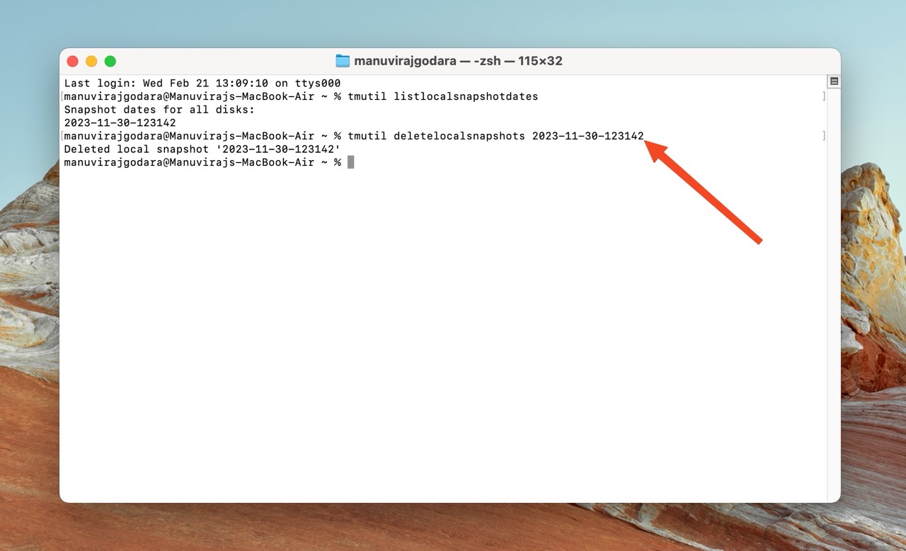 Terminal window on a Mac showing the command 'tmutil deletelocalsnapshots' being used to delete a specific local snapshot, with an arrow indicating the confirmation of the deleted snapshot.