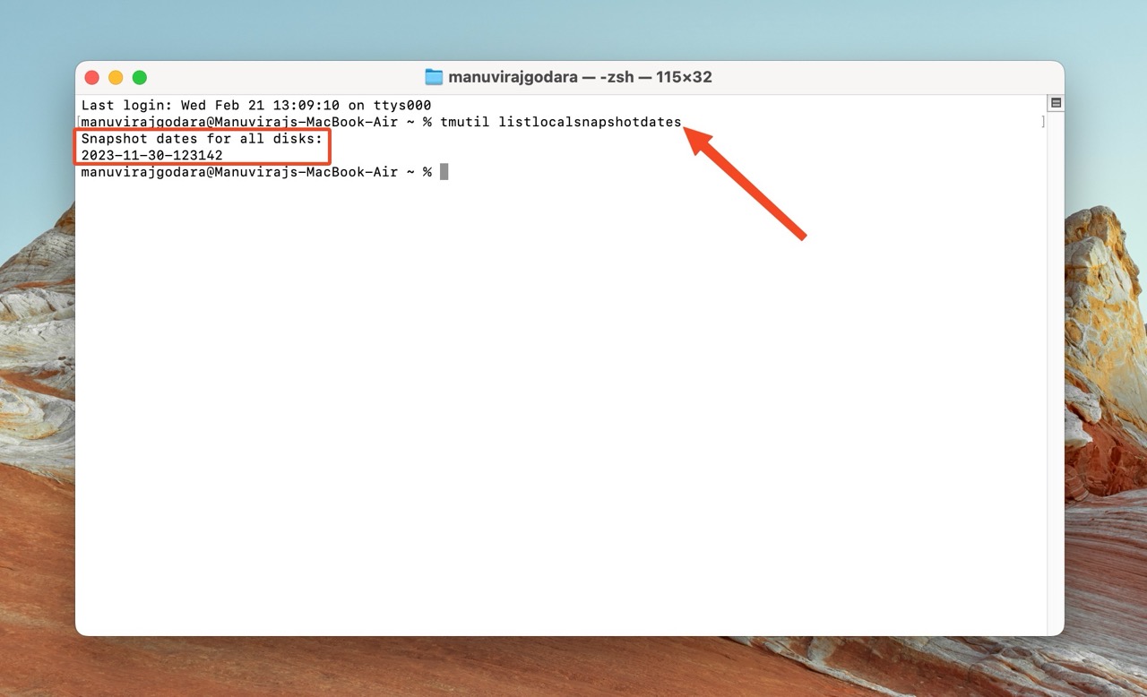 Terminal window on a Mac displaying the output of the 'tmutil listlocalsnapshots' command with an arrow pointing to a snapshot date for the disk.